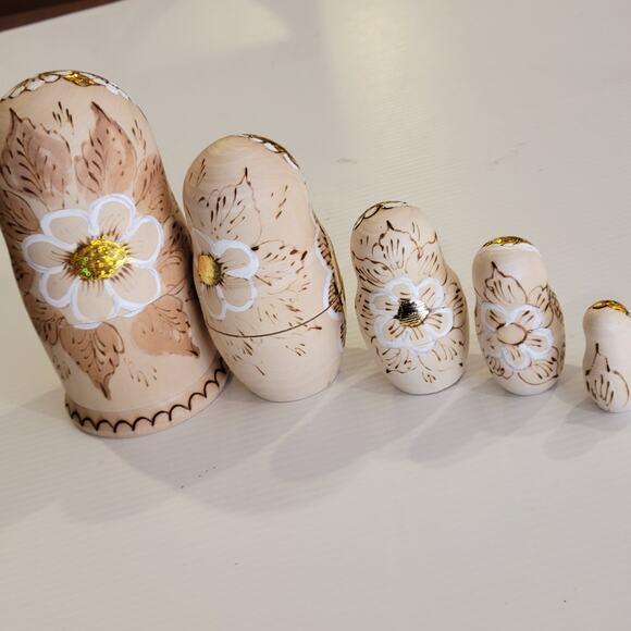Vtg Russian Burned Wood Hand Painted Matryoshka Nesting Dolls Set of 5 Orthodox - Picture 10 of 14